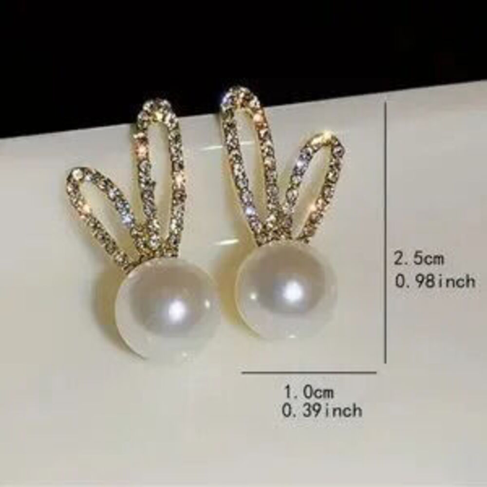 NEW Elegant Bunny Large Pearl Gold 18k Sterling Silver 925 Diamond Earrings - Picture 3 of 4